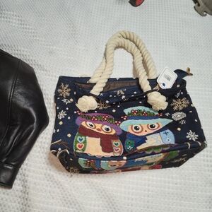 TOGOGO NWT OWL FABRIC TAPESTRY STYLE NAUTICAL ROPE HANDLE TOTE BAG